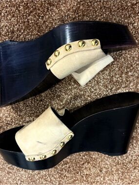 Marion Parke Beige Suede Platform Wedge Slide with Gold Studs - Women Shoes